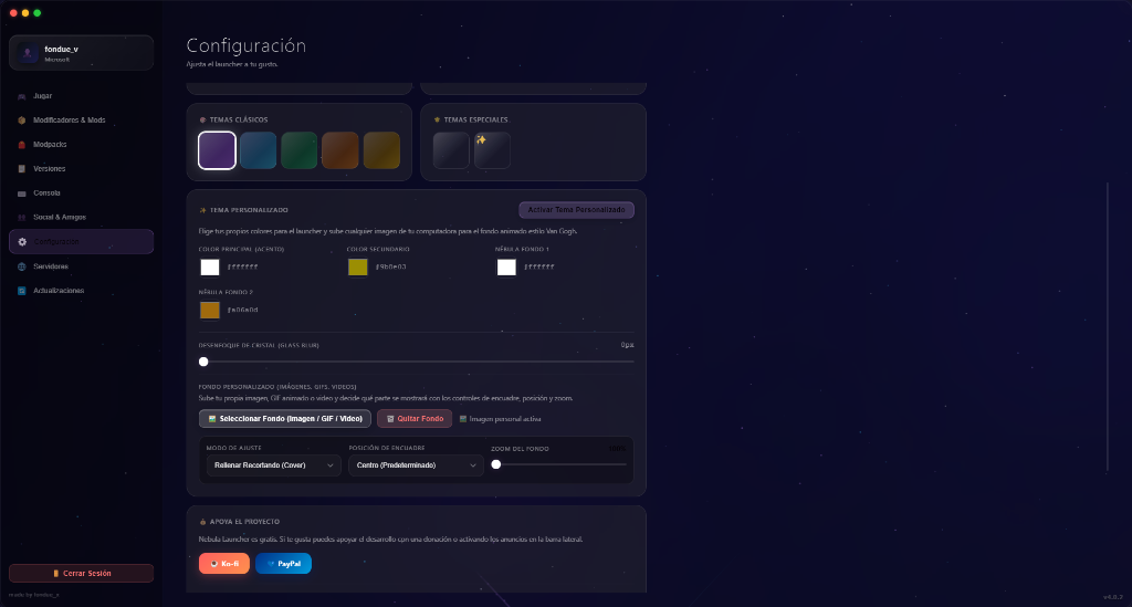 Panel de Fondos Multimedia y Ajustes en Nebula Launcher