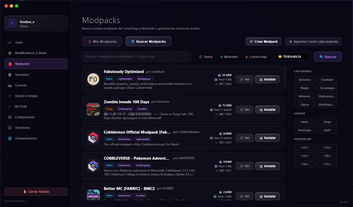 Gestor de Modpacks en Nebula Launcher