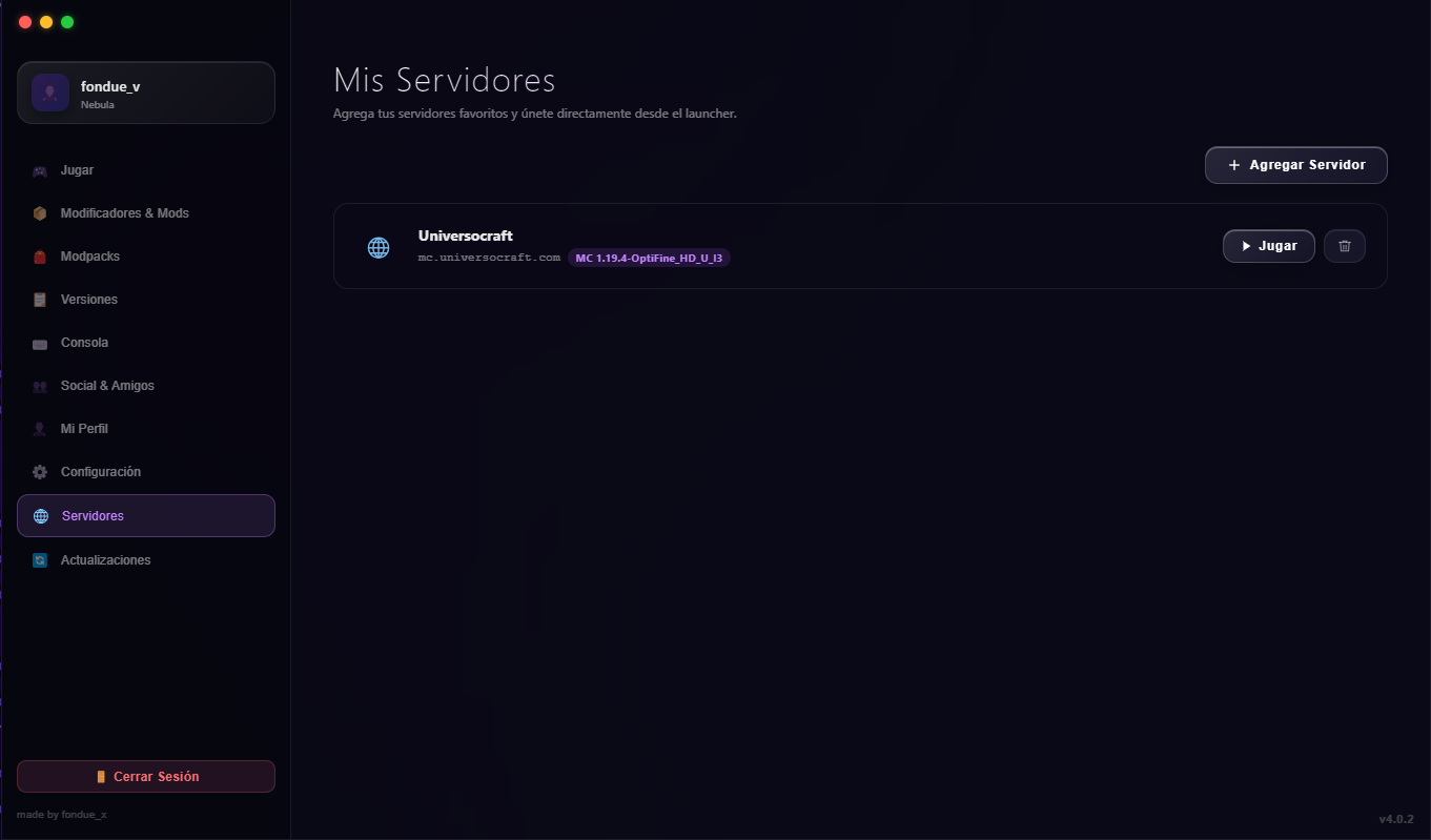 Gestor de Servidores en Nebula Launcher
